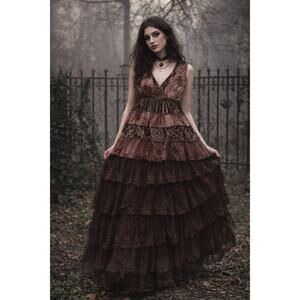 Y2K Whimsigoth Fairycore Witch Blouse Womens Medium Velvet Floral Tiered Boho